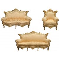 Casa Padrino Barock Wohnzimmer Set Gold Blumen Muster/ Gold - 3er Sofa+2er Sofa + 1 Sessel