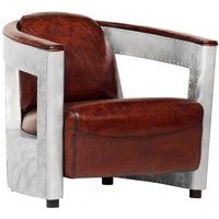Casa Padrino Echt Leder Art Deco Sessel Chrom / Braun - Club Sessel - Lounge Sessel - Vintage Leder