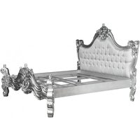 Barock Bett Barocco WeiØ Satinstoff / Silber mit Bling Bling Glitzersteinen 180 x 200 cm aus der Luxus Kollektion von Casa Padrino