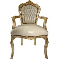 Casa Padrino Barock Esszimmer Stuhl mit Armlehnen Creme Lederoptik / Gold - Möbel