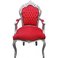 Casa Padrino Barock Esszimmerstuhl Rot / Silber mit Armlehnen