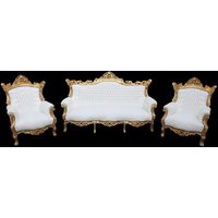 Casa Padrino Barock Wohnzimmer Set Master Weiss/ Gold Lederoptik - 3-er Sofa + 2 Sessel
