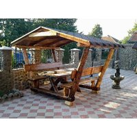 Casa Padrino Garten Pavillon Rustikal mit Tisch und 2 Gartenbänken - Eiche Massivholz - Ãberdachtes Gartenmöbel Set Echtholz Massiv Pergola