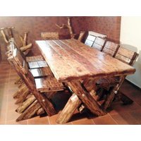 Casa Padrino Esszimmer Set Rustikal - Tisch + 6 Stühle - Eiche Massivholz - Echtholz Möbel Massiv Burgmöbel