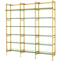 Casa Padrino Luxus Regal Schrank Edelstahl Gold mit Glasböden B 223 x H 245 cm Bücherregal Regal Schrank - Art Deco Möbel