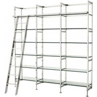 Casa Padrino Luxus Regal Schrank Edelstahl Poliert mit Glasböden und Leiter B 223 x H 245 cm Bücherregal Regal Schrank - Art Deco Möbel