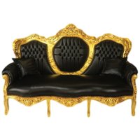 Casa Padrino Barock 3er Sofa King Schwarz Lederoptik / Gold - Wohnzimmer Couch Möbel Lounge
