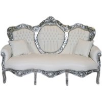 Casa Padrino Barock 3er Sofa King Weià Lederoptik / Silber - Wohnzimmer Couch Möbel Lounge