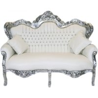 Casa Padrino Barock 2er Sofa Master Weià Lederoptik / Silber - Wohnzimmer Couch Möbel Lounge