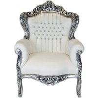 Casa Padrino Barock Sessel King Weiss Lederoptik / Silber mit Bling Bling Glitzersteinen - Lounge Möbel