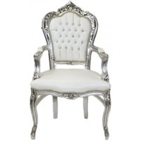 Casa Padrino Barock Esszimmer Stuhl mit Armlehnen weià / silber Lederoptik mit Bling Bling Glitzersteinen