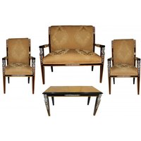 Casa Padrino Barock Empire Salon 4-er Set Gold Muster / Schwarz / Mahagoni / Silber - Sitzbank + 2 Sessel + Couchtisch