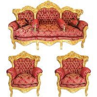 Casa Padrino Barock Wohnzimmer Set Bordeaux Bouquet Muster / Gold - 3er Sofa + 2 Sessel