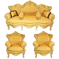Casa Padrino Barock Wohnzimmer Set Gold Bouquet Muster / Gold - 3er Sofa + 2 Sessel