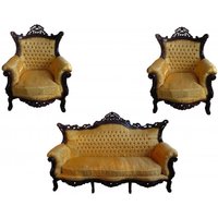 Casa Padrino Barock Wohnzimmer Set Master Gold Muster / Mahagoni Braun - 3er Sofa + 2 Sessel