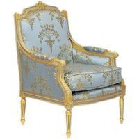 Casa Padrino Barock Lounge Thron Sessel Empire Blau-Grau Gold Muster / Gold - Ohren Sessel - Ohrensessel Tron Stuhl