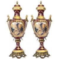 Casa Padrino Barock Porzellan Pokal Set Bordeaux Rot / Gold B26 H63 cm (2 Stück) - Grand Decor - Hotel Dekoration
