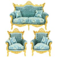 Casa Padrino Barock Wohnzimmer Set Master Türkis-Blau Muster Samtstoff / Gold - 2er Sofa + 2 Sessel - Limited Edition!