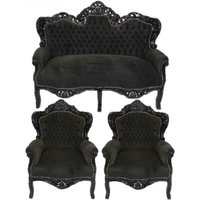 Casa Padrino Barock Wohnzimmer Set King Schwarz / Schwarz - 2er Sofa + 2 Sessel