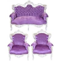 Casa Padrino Barock Wohnzimmer Set King Lila / Silber - 2er Sofa + 2 Sessel