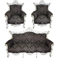 Casa Padrino Barock Wohnzimmer Set Schwarz Muster / Weiss/Gold - 3-er Sofa + 2 Sessel
