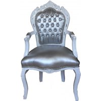 Casa Padrino Barock Esszimmer Stuhl mit Armlehnen Silber/Weiss Lederoptik mit Bling Bling Glitzersteinen