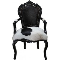 Casa Padrino Barock Esszimmer Stuhl Kuhfell / Schwarz mit Armlehnen - Echtes Kuh Fell
