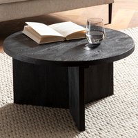 FineBuy Couchtisch Mango Massivholz rund Ø 60 cm Schwarz · Moderner Wohnzimmertisch mit strukturierter Oberfläche · Handgefertigter Sofatisch mit markantem Holzgestell