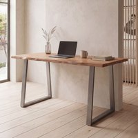 FineBuy Schreibtisch Akazie Massivholz / Metall Computertisch Baumkante, Homeoffice Bürotisch Massiv mit Trapezbeinen in Chrom, Holztisch Laptoptisch Arbeitszimmer
