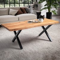 FineBuy Couchtisch Akazie Massivholz 120 cm rechteckig · Wohnzimmertisch mit natürlicher Baumkante und schwarzem X-Gestell aus Metall · Handgefertigter Industrial Tisch
