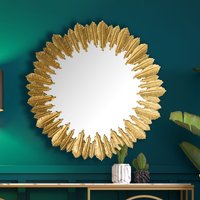 FineBuy Wandspiegel Federn 68 cm Metall Design Hängespiegel Gold, Eisen Dekospiegel Rund, Spiegel Wand Groß, Flurspiegel Garderobenspiegel Modern