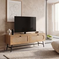 FineBuy Lowboard 100x45x40 cm TV-Kommode mit Eiche-Dekor & Rattan, Design TV-Schrank Hoch mit Schubladen, Fernsehtisch Fernsehschrank, Fernsehkommode Wohnzimmer