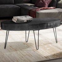 FineBuy Couchtisch 100cm oval Mango Massivholz schwarz · Wohnzimmertisch mit Schublade und Hairpin Beinen · Moderner Massivholztisch im Industrial Design mit Metallgestell