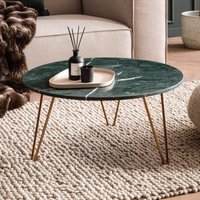 FineBuy Couchtisch Echter Marmor Grün 70x70x35 cm Sofatisch Metall Gold, Design Dreibein Wohnzimmertisch Rund Modern, Marmortisch Loungetisch Groß, Kaffeetisch Haarnadelbeine