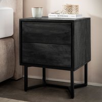 FineBuy Nachttisch Akazie Massivholz Schwarz mit 2 Schubladen & schwarzem Metallgestell – Nachtkommode mit Stauraum modern, Nachtkästchen für Boxspringbett – 45x40x57 cm