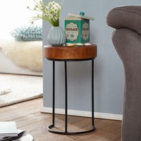 FineBuy Beistelltisch Massiv-Holz Sheesham Wohnzimmer-Tisch Metallbeine Landhaus-Stil Baumstamm-Form Echt-Holz Natur