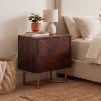 FineBuy Nachttisch Akazie Massivholz Braun mit 2 Schubladen & goldenem Metallgestell – Nachtkommode modern, Nachtkästchen für Boxspringbett – 45x40x57 cm