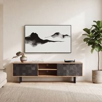 FineBuy Lowboard Akazie Massivholz 150 cm, TV Board mit Steinoptik Fronten & Metallgestell, Fernsehtisch modern mit Stauraum & Kabeldurchführung, TV Schrank Design Industrial für Wohnzimmer