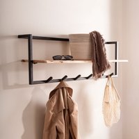 FineBuy FineBuy Garderobe aus Massivholz Akazie mit Baumkante 100 cm - Industrial Wandgarderobe mit Ablage & 6 Haken - Garderobenleiste mit Metallrahmen Schwarz Handgefertigt