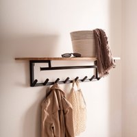FineBuy Wandgarderobe Akazie Massivholz 100 cm mit Ablage - Industrial Garderobenpaneel mit Hutablage - Wand Garderobenleiste Hakenleiste - 8 Metall Kleiderhaken & Kleiderstange