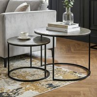 FineBuy Satztisch Metall 2er Set rund - Couchtisch Aluminium Tischplatten mit Muster - Beistelltisch Sofatisch Alu modern - Wohnzimmertisch Eisen Gestell Handmade