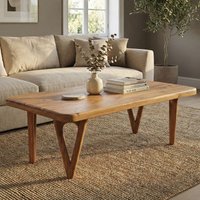 FineBuy Couchtisch Akazie Massivholz - Wohnzimmertisch Sofatisch Holz Modern - Design Loungetisch mit abgerundeten Ecken Landhaus Handmade