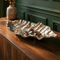 FineBuy Dekoschale Blatt Aluminium Schale 67cm - Design Tischdeko Metall Wohnzimmer - Alu Wohnaccessoire Modern - Metallschale Dekoration - Aluschale lang Handmade
