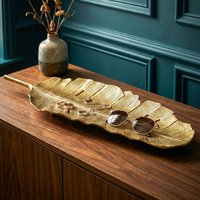 FineBuy Dekoschale Blatt Aluminium Gold Schale - Design Tischdeko Metall Wohnzimmer - Alu Wohnaccessoire Modern - Metallschale Dekoration - Aluschale lang Handmade