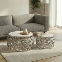 FineBuy 2er Set Couchtisch mit weißer Marmor Tischplatte - Wohnzimmer Tisch Satztisch rund - Beistelltisch Alu modern - Sofatisch Set Aluminium Metallgestell Design Handmade