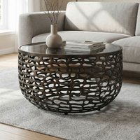 FineBuy Couchtisch Aluminium Glas 60cm Schwarz - Runder Wohnzimmertisch Metall - Design Sofatisch - Moderner Loungetisch Gitteroptik - Beistelltisch Wohnzimmer Handmade