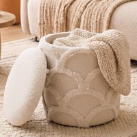FineBuy Sitzhocker mit Stauraum aus Teddy Stoff 40cm Creme Weiß Rund - Design Boho Stoffhocker mit abnehmbarem Deckel - Polsterhocker Schminktisch Hocker - Beistellhocker für Wohnzimmer Handmade