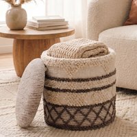FineBuy Sitzhocker mit Stauraum aus Wolle 40cm Beige Stoff Rund - Design Boho Stoffhocker mit abnehmbarem Deckel - Polsterhocker Schminktisch Hocker - Beistellhocker für Wohnzimmer Handmade