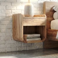 FineBuy Nachtkonsole für Wandmontage 35x33cm Akazie Massivholz Braun - Nachttisch mit Schublade und Ablagefach - Wandnachttisch Schwebend für Boxspringbett - Nachtkästchen Hängend Handmade