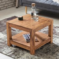 FineBuy Couchtisch Massivholz 60x60 cm · Quadratischer Wohnzimmertisch mit Ablage · Handgefertigter Echtholztisch im natürlichen Design